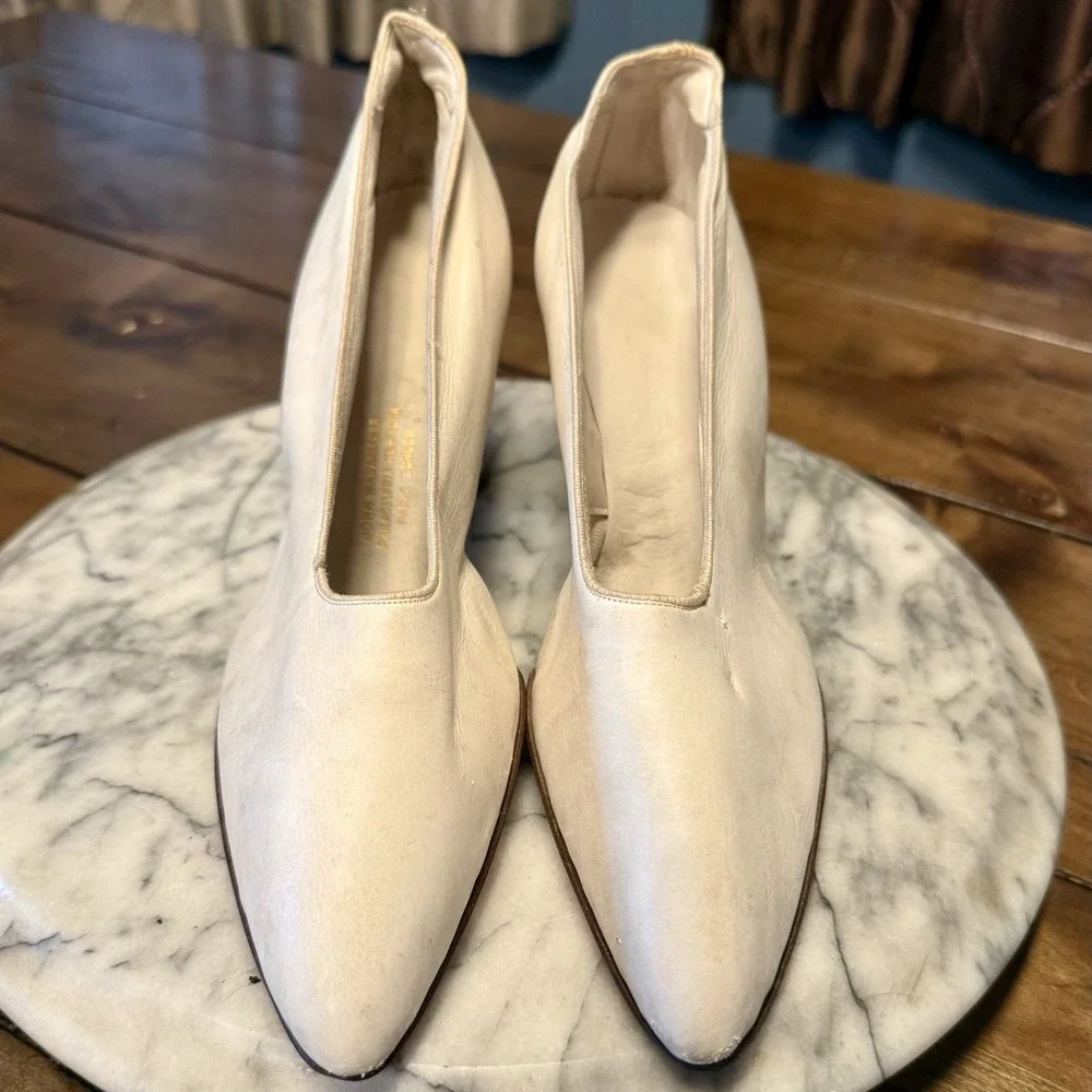 NOS Antique VTG Victorian White Kid Leather Louis Wedding Bride Heels Shoes Sz 8